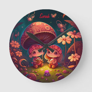 Relógio Redondo Adoráveis elfos fofos brincam sob cogumelos