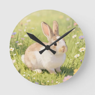 Relógio Redondo Adorável Bunny Fofa Prado de Flores Silvestres