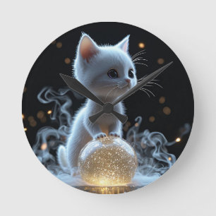 Relógio Redondo Adorável gatinho branco com brilho místico