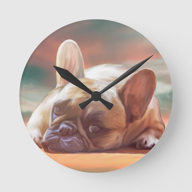 Relógio Redondo Adorável Pintura em Aquarela de Bulldog Francês (Frente)