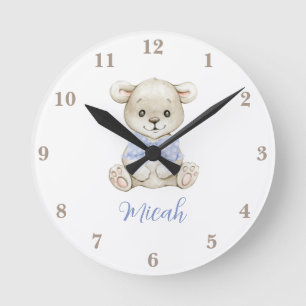 Relógio Redondo Adorável Urso de Bebê em Aquarela com Laço Azul