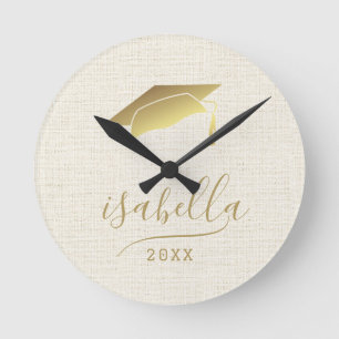 Relógio Redondo Adorno de Boina de Graduação Dourada Personalizada