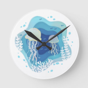 Relógio Redondo Água-viva na Ilustração de Arte em Papel Oceânico