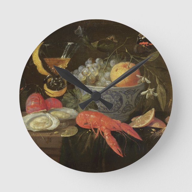 Relógio Redondo Ainda vida com fruta e marisco, 1653 (óleo sobre (Frente)
