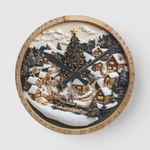 Relógio Redondo Aldeia de inverno soprando com luzes festivas