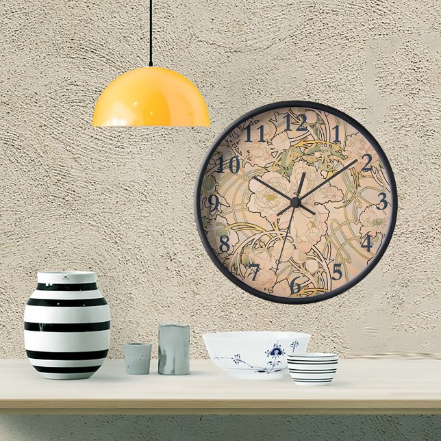 Relógio Redondo Alfonse Mucha Art Nouveau Peonies (Criador carregado)