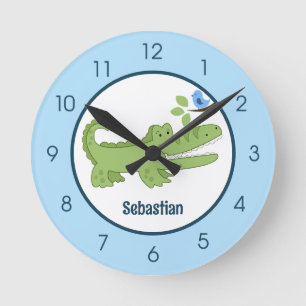 Relógio Redondo Alligator Crocodile Blue Bird Cute Jungle Nursery
