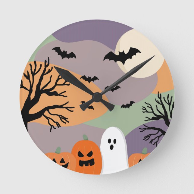 Relógio Redondo Almofada noite de halloween abóboras e fantasmas (Frente)