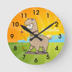 Relógio Redondo Alpaca feliz e giro com cartoon de borboleta