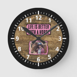 Relógio Redondo Amante do cavalo 1 foto rosa-preto