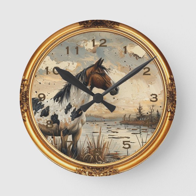 Relógio Redondo Americano Mustang Wild Horse Western Wall Clock (Frente)