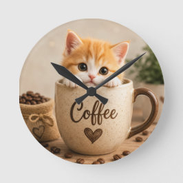 Relógio Redondo Amuleto de Gatinho na Xícara de Café