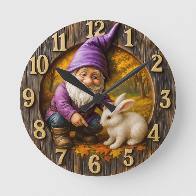 Relógio Redondo Anão mágico & coelho em bosque outonal (Frente)