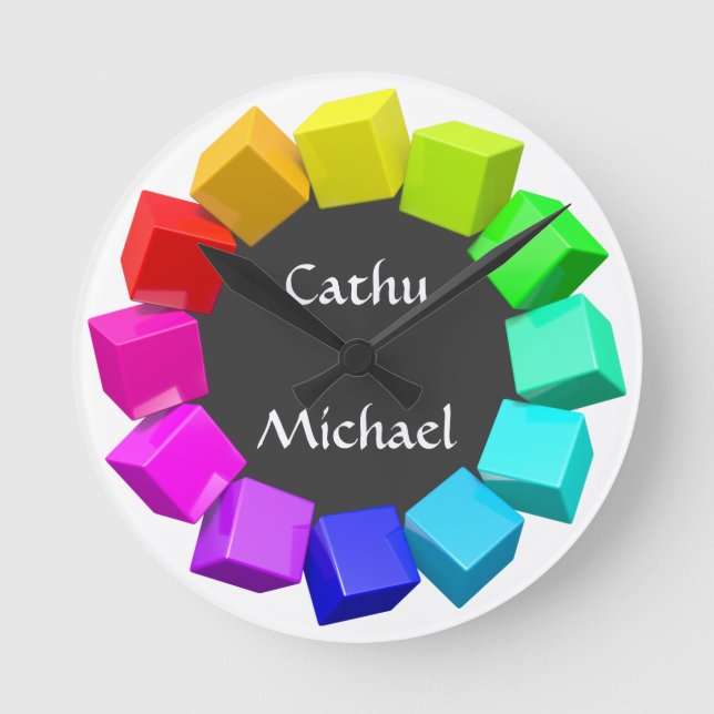 Relógio Redondo Anel dos cubos em cores do arco-íris (Frente)