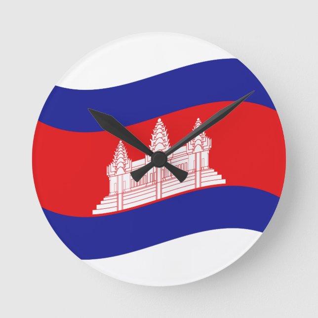 Relógio Redondo Angkor Wat Cambodian Flag Wave (Frente)