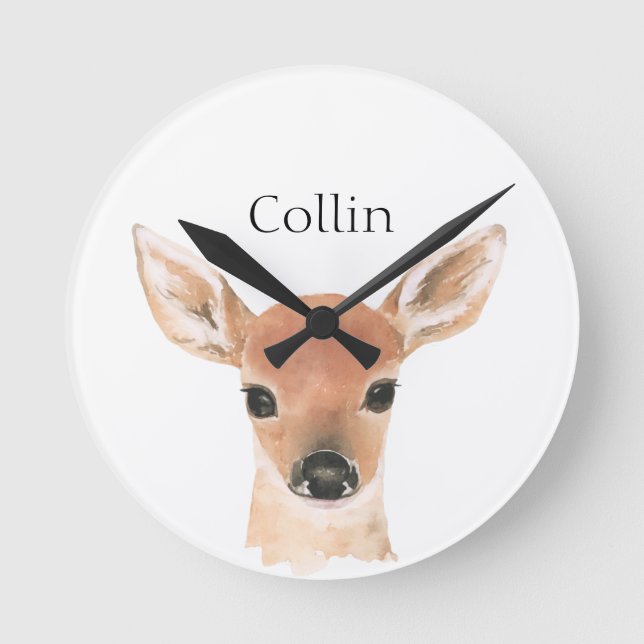Relógio Redondo Animais Florestais Nome do Veado de Aquarela (Frente)