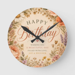 Relógio Redondo Aniversário Floral Retro Personalizado com flores