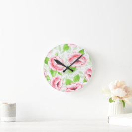 Relógio Redondo Aquarela Coral Rose - Floral Romântico