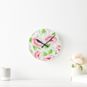 Relógio Redondo Aquarela Coral Rose - Floral Romântico