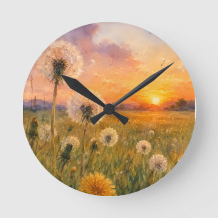 Relógio Redondo Aquarela Dandelions no pôr do sol Meadow Paisagem