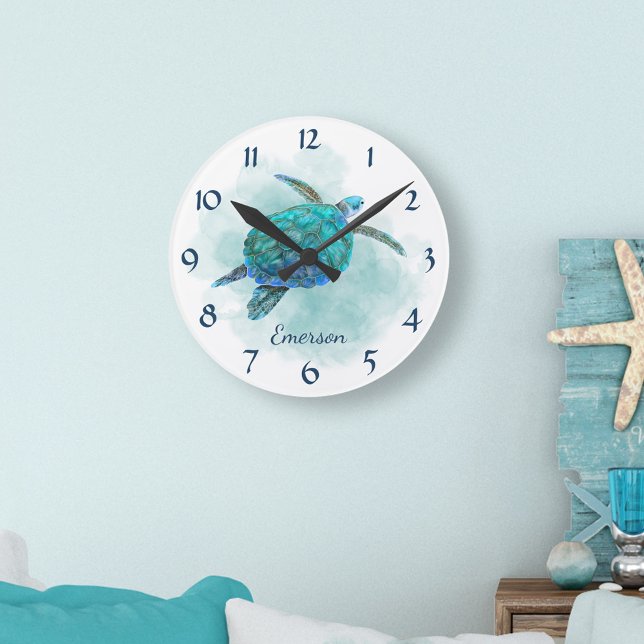 Relógio Redondo Aquarelas Sea Turtle Ocean Beach Name (Criador carregado)