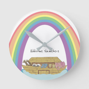 Relógio Redondo Arca de Rainbow Noah, um retrô bonito, em branco