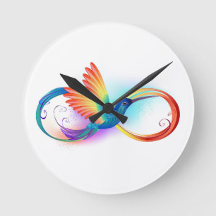 Relógio Redondo Arco-íris Hummingbird com símbolo Infinito