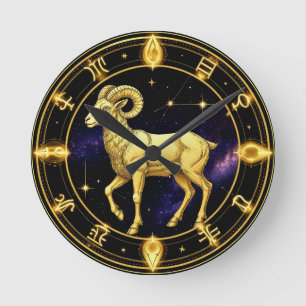 Relógio Redondo Áries Dourado do Círculo Zodiacal Com Carneiro