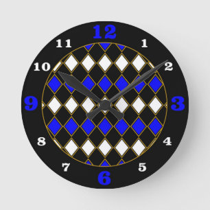 Relógio Redondo Arlequim Azul Real e Dourado