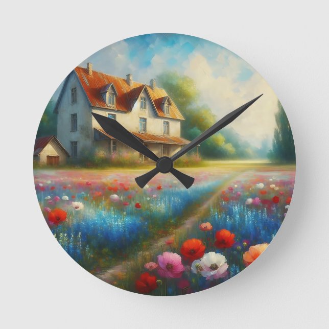Relógio Redondo Armazém num campo de flores (Frente)