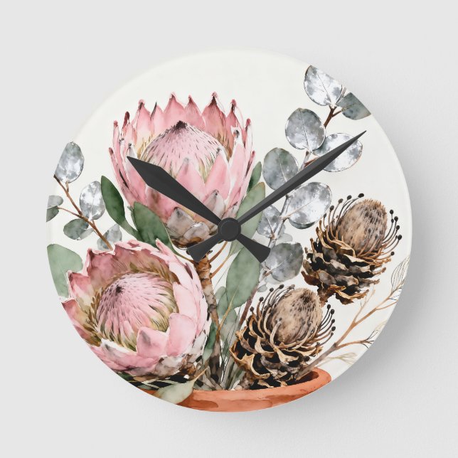 Relógio Redondo Arranjo de Protea Eucalipto em Aquarela (Frente)