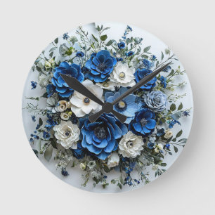 Relógio Redondo Arranjo Floral Azul e Branco Lindo