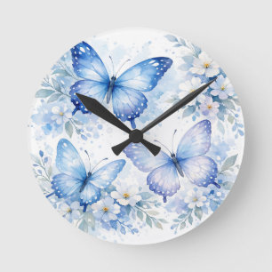 Relógio Redondo Arranjo Floral Borboleta Azul