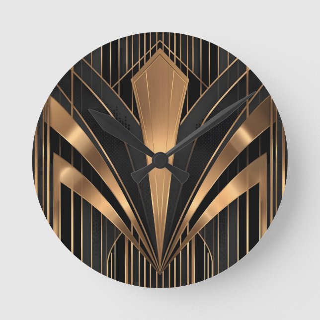 Relógio Redondo Art Deco Gold Sunburst Luxury Geometry (Frente)