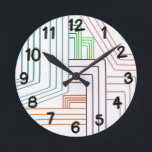 Relógio Redondo Art Deco Lines Round Clock<br><div class="desc">Este relógio de parede tem um design de arte deco de linhas em roxo,  rosa,  laranja e azul.</div>