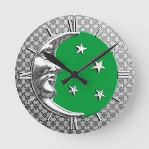Relógio Redondo Art Deco Moon and Stars, Jade Green e Silver
