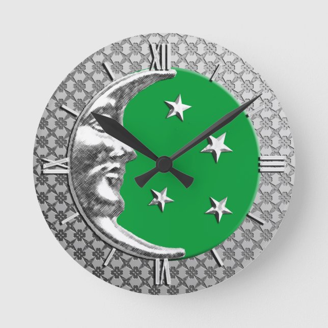 Relógio Redondo Art Deco Moon and Stars, Jade Green e Silver (Frente)