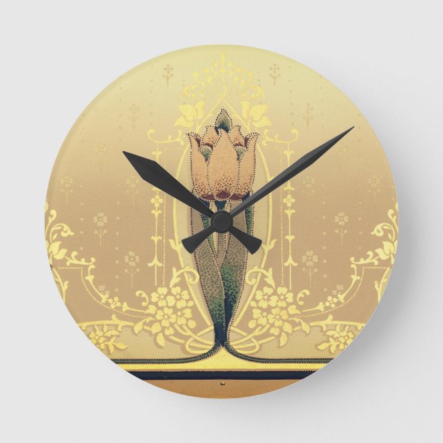 Relógio Redondo Art nouveau tulipa floral rosa e ouro elegante (Frente)