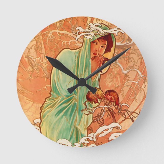 Relógio Redondo Arte Alphonse Mucha Art Nouveau Inverno (Frente)