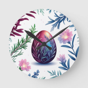 Relógio Redondo Arte Botânica de Ovo de Páscoa Elegante