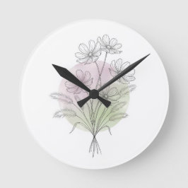 Relógio Redondo Arte Botânica Linear Samambaia Flor Silvestre Bege