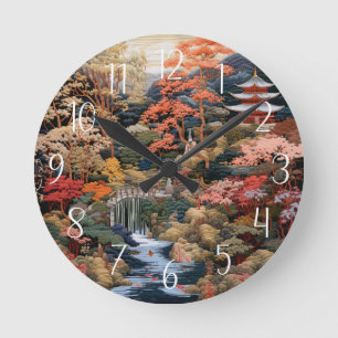 Relógio Redondo Arte da Paisagem Japonesa: Cascata e Aldeia
