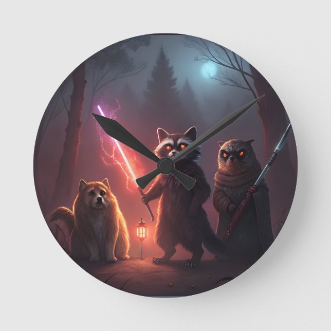 Relógio Redondo Arte de Animais de Batalha da Floresta Mística (Frente)