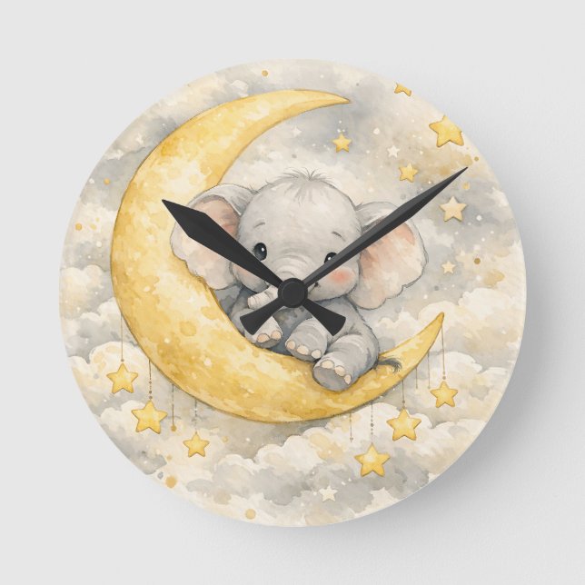 Relógio Redondo Arte de Berçário Lua de Elefante Fofa (Frente)