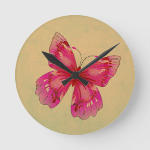 Relógio Redondo Arte de borboletas rosa-oriental