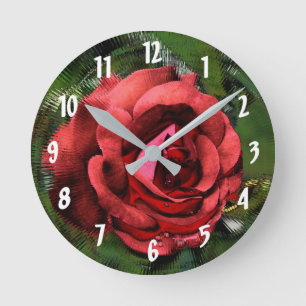 Relógio Redondo Arte de Flor Abstrata Rosa Vermelha