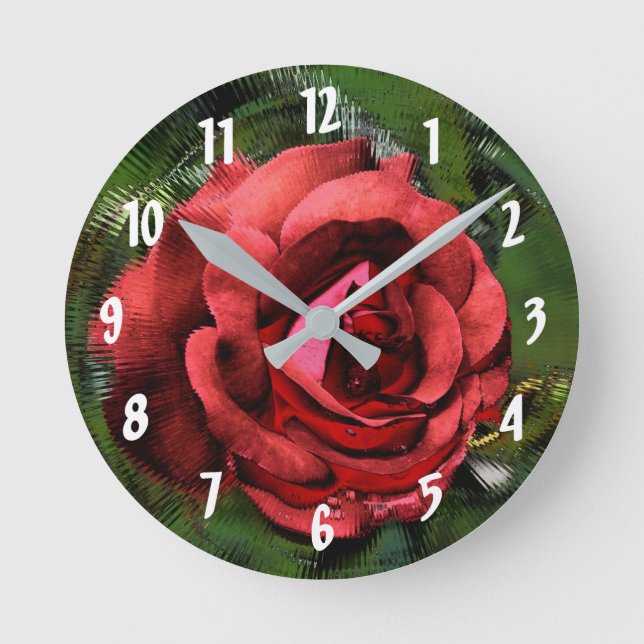 Relógio Redondo Arte de Flor de Rosa Vermelha (Frente)