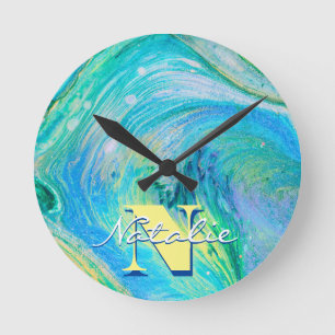 Relógio Redondo Arte de Fluxo Acrilato Azul Aqua