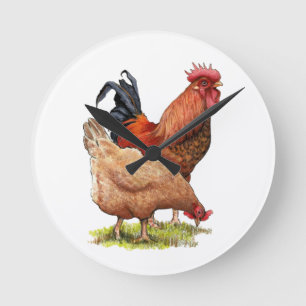 Relógio Redondo Arte de Frango e Galo, Aves, Animais de Fazenda