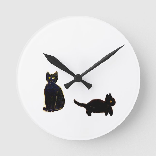 Relógio Redondo Arte de Gatos Pretos (Frente)